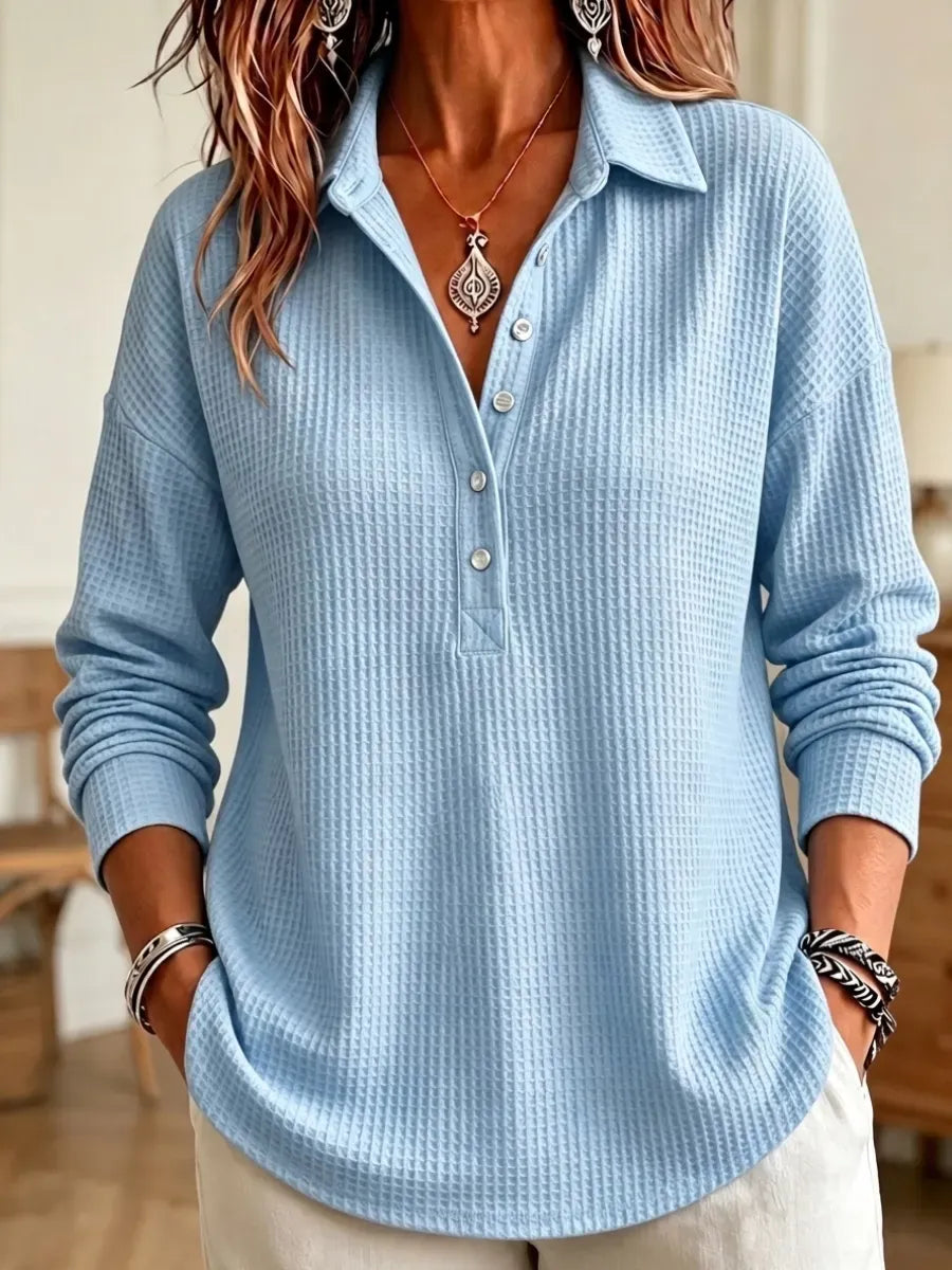 CLEARANCE SALE🔥 Women's Casual Waffle Knit Collared Henley Long Sleeve Shirt