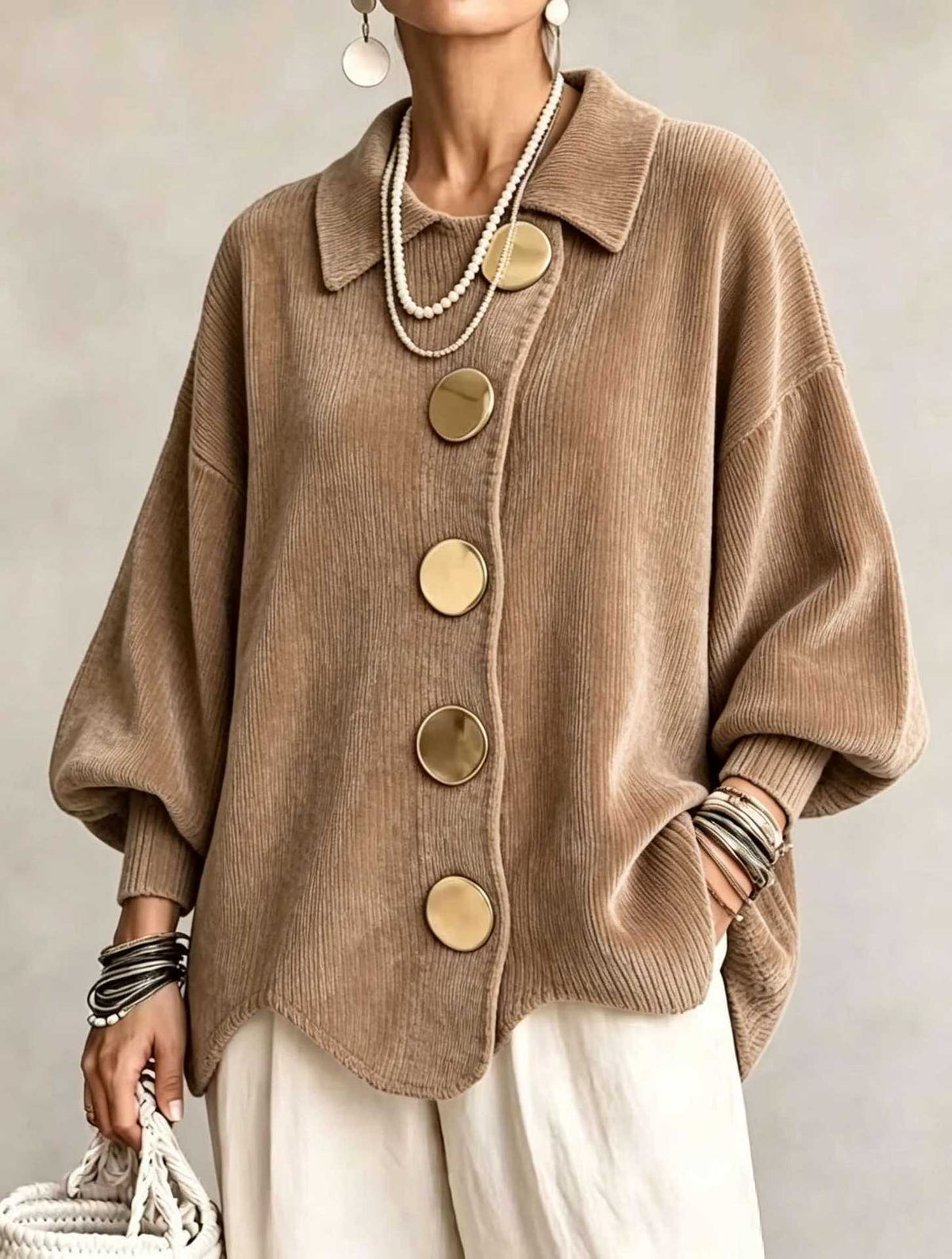 CLEARANCE SALE🔥 Oversized Collared Cardigan, Corduroy Knit With Large Metal Buttons