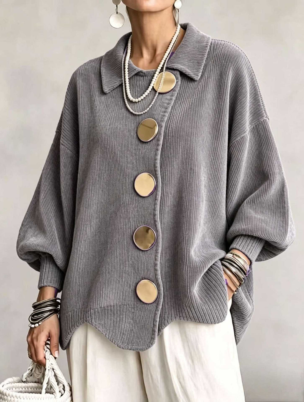 CLEARANCE SALE🔥 Oversized Collared Cardigan, Corduroy Knit With Large Metal Buttons