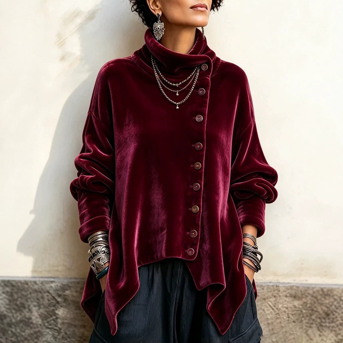 🔥Last Day 40% OFF🎁 Asymmetric Button Velvet Turtleneck Top