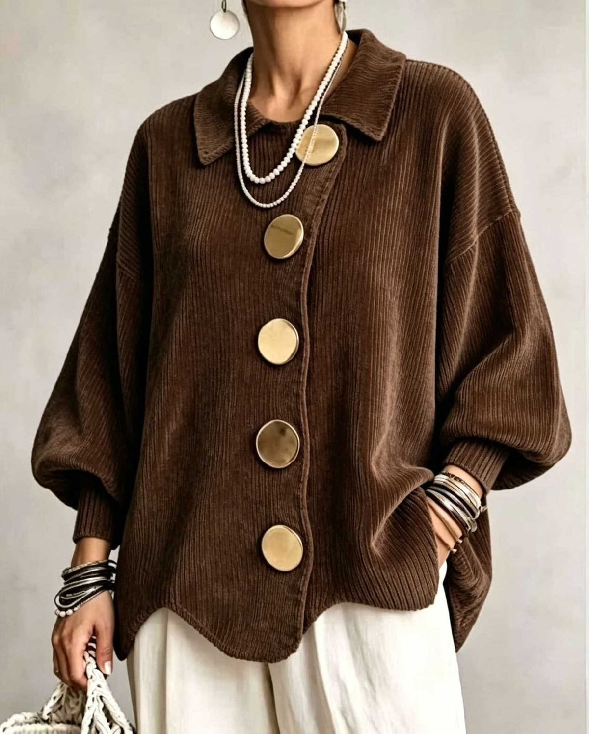 CLEARANCE SALE🔥 Oversized Collared Cardigan, Corduroy Knit With Large Metal Buttons