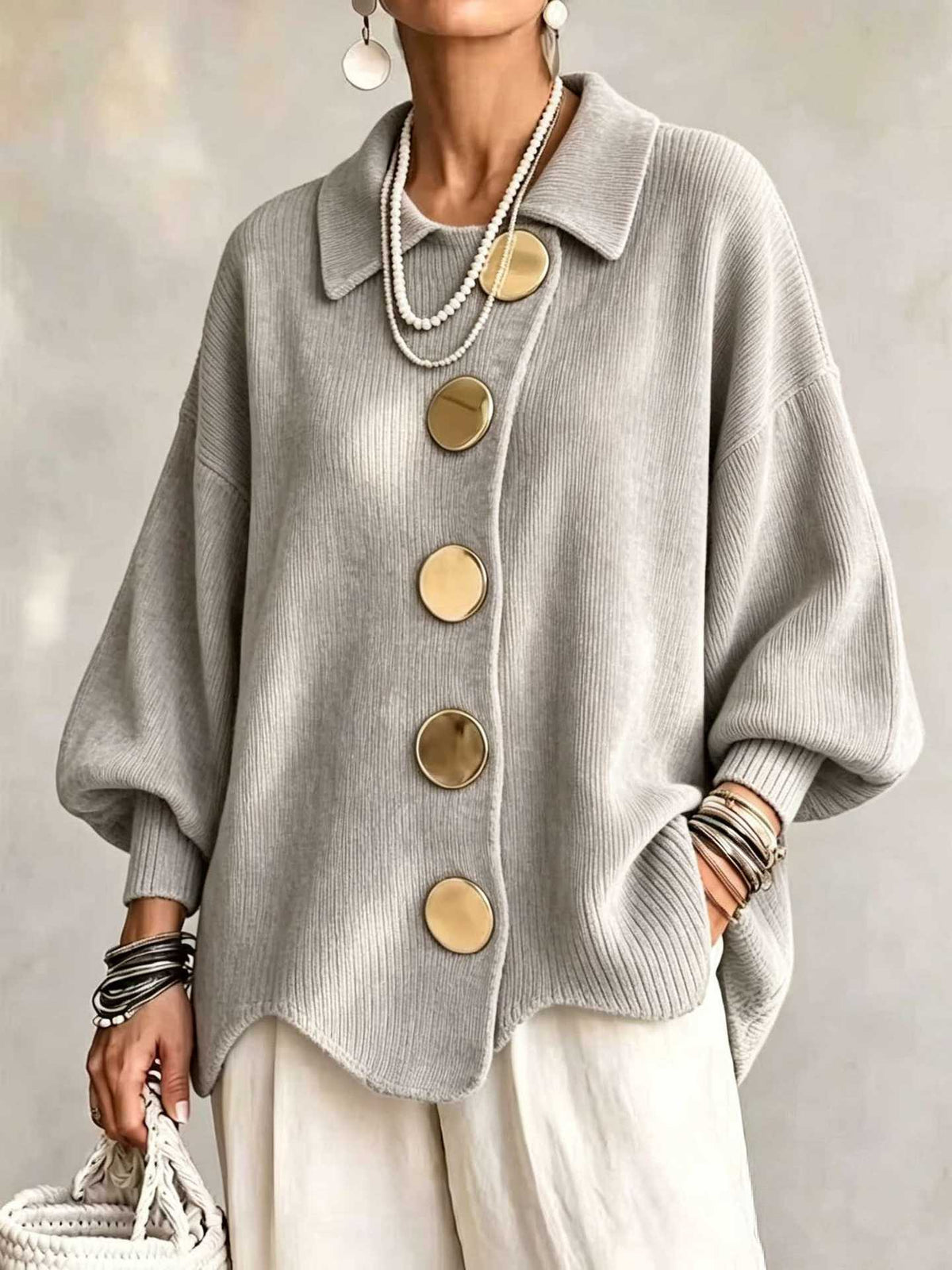 CLEARANCE SALE🔥 Oversized Collared Cardigan, Corduroy Knit With Large Metal Buttons