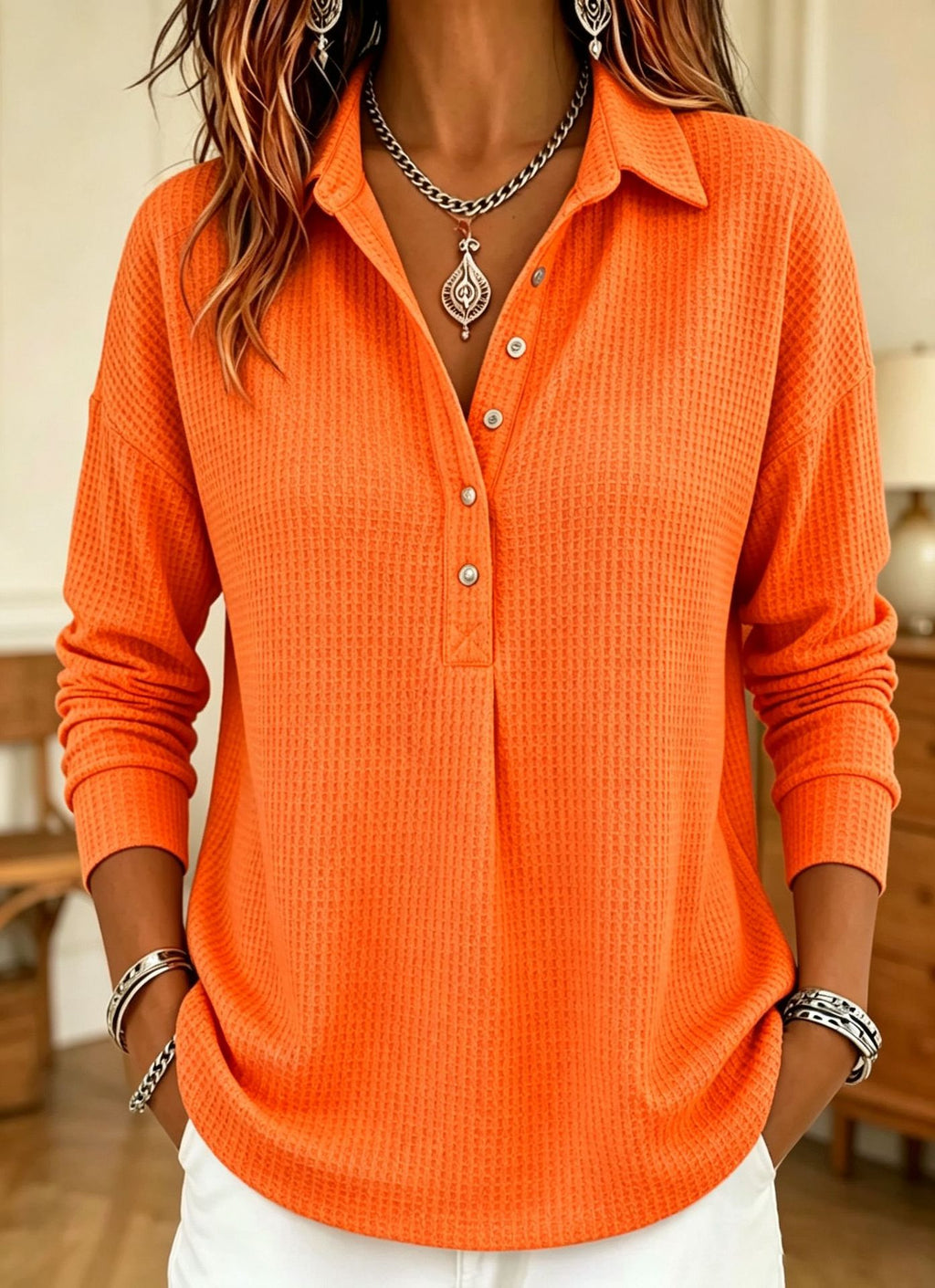 CLEARANCE SALE🔥 Women's Casual Waffle Knit Collared Henley Long Sleeve Shirt