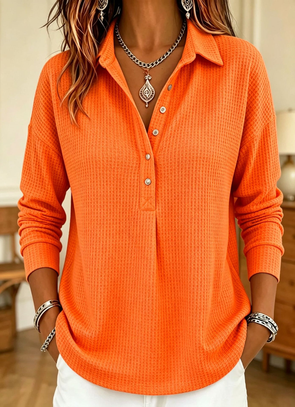 CLEARANCE SALE🔥 Women's Casual Waffle Knit Collared Henley Long Sleeve Shirt