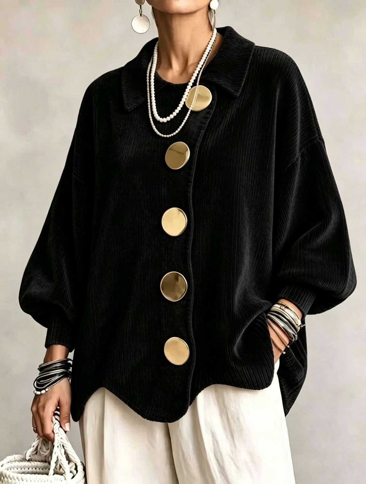 CLEARANCE SALE🔥 Oversized Collared Cardigan, Corduroy Knit With Large Metal Buttons