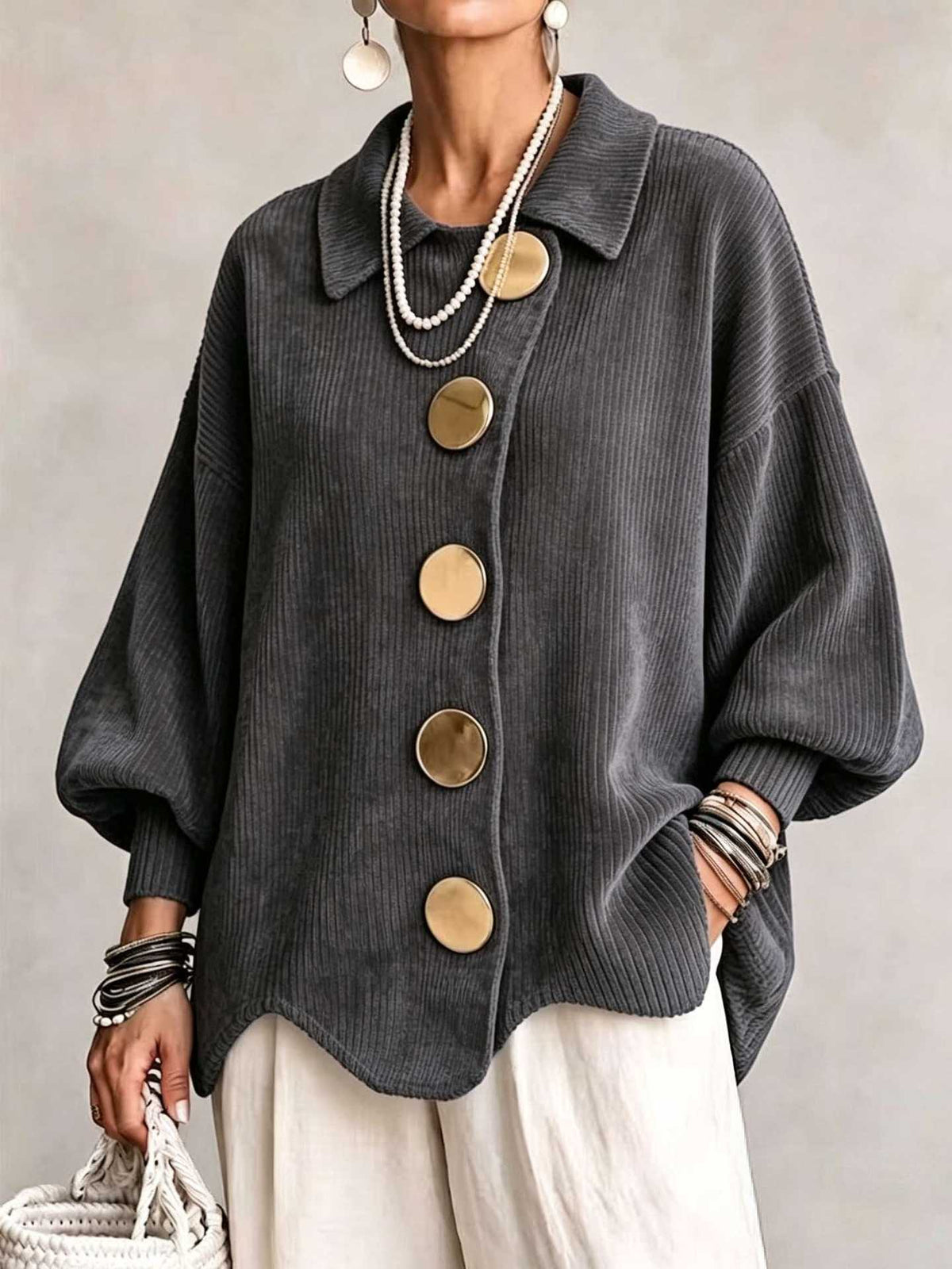 CLEARANCE SALE🔥 Oversized Collared Cardigan, Corduroy Knit With Large Metal Buttons
