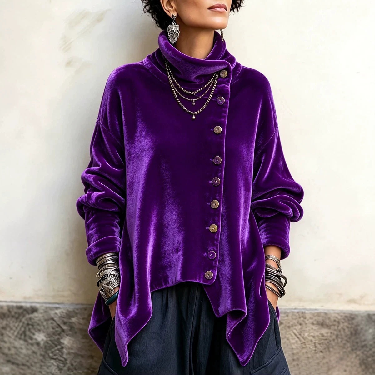 🔥Last Day 40% OFF🎁 Asymmetric Button Velvet Turtleneck Top