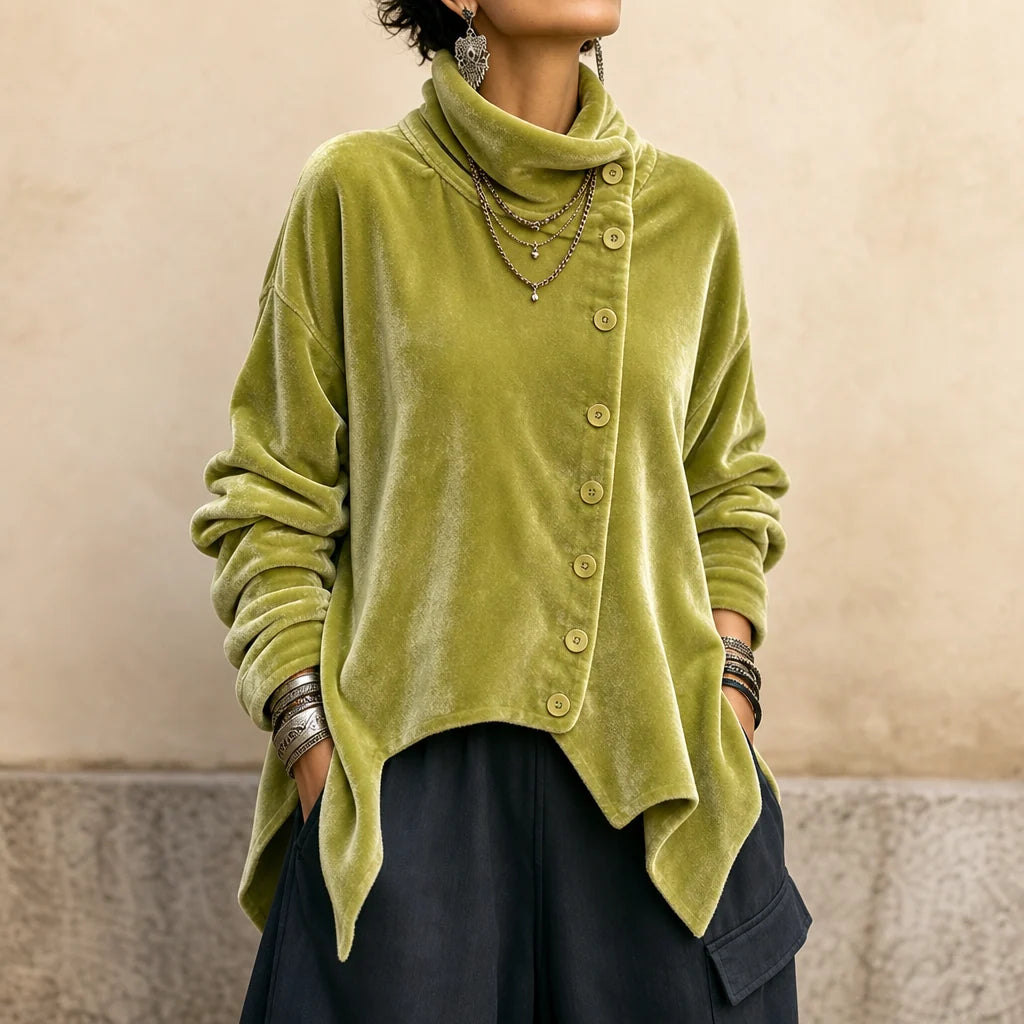 🔥Last Day 40% OFF🎁 Asymmetric Button Velvet Turtleneck Top