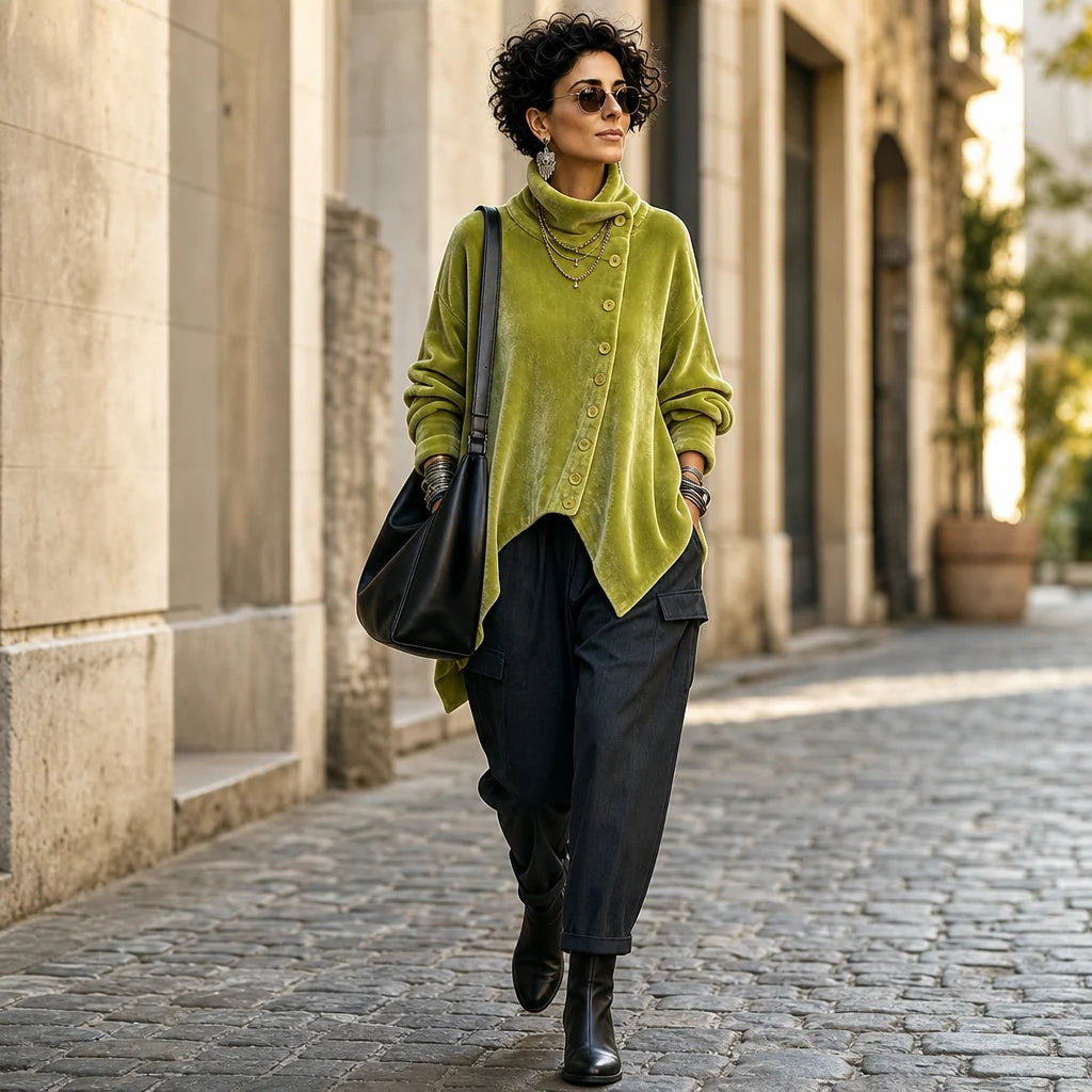 🔥Last Day 40% OFF🎁 Asymmetric Button Velvet Turtleneck Top