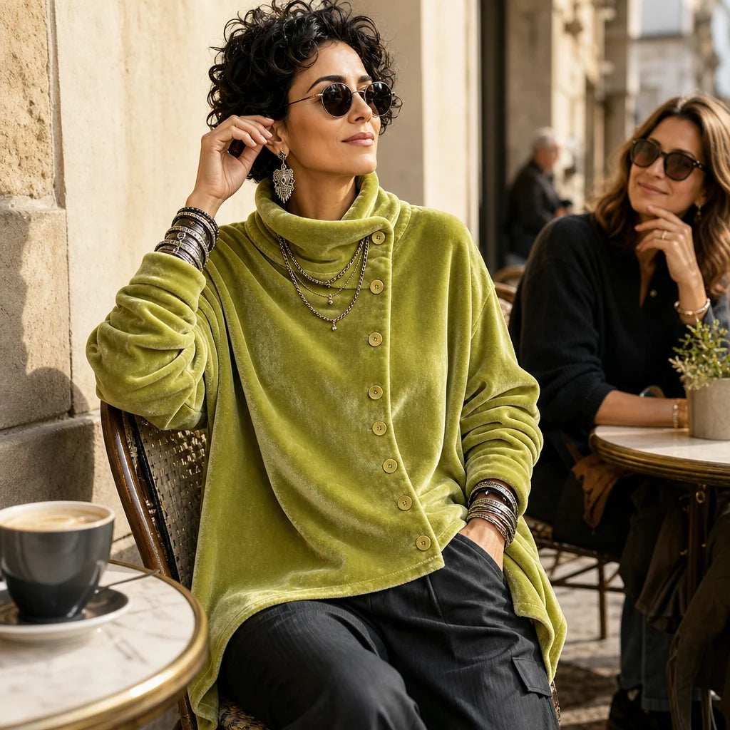 🔥Last Day 40% OFF🎁 Asymmetric Button Velvet Turtleneck Top