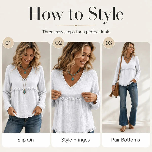 🎁New Arrivals 🔥Women’s Boho V Neck Long Sleeve Fringe Top