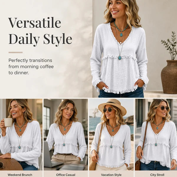 🎁New Arrivals 🔥Women’s Boho V Neck Long Sleeve Fringe Top